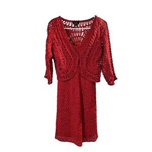 Cartise Vintage Y2K Crochet Knit‎ Red Dress With Cardigan Women's Size Medium